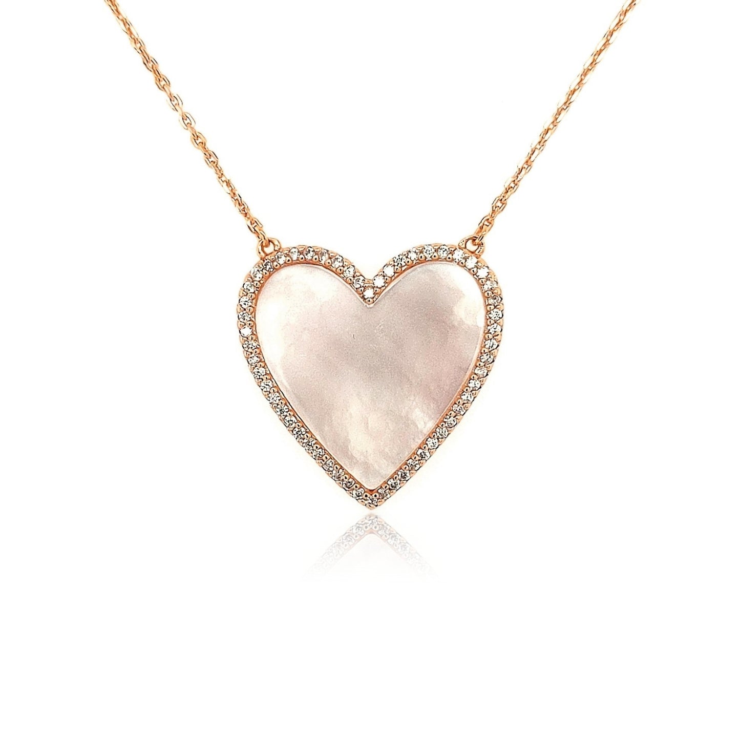 Sterling Silver Mother of Pearl Heart With CZ Border Necklace