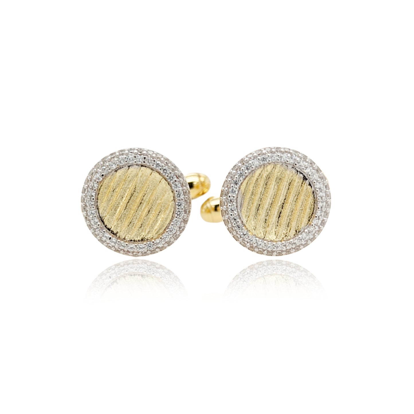 Gold Plated Sterling Silver Outline Micropave CZ Circle With Lined Brushed Gold Center Cufflinks