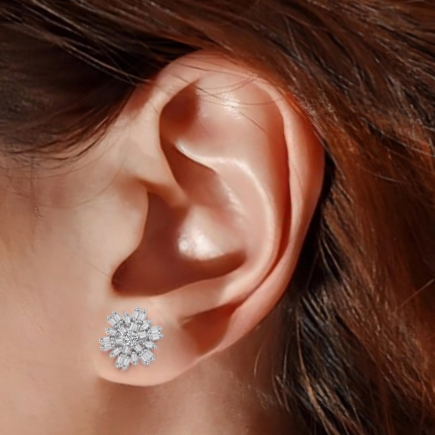 Sterling Silver Baguette Snowflake Stud Earrings