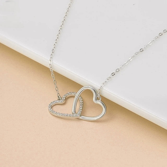 Sterling Silver Interlocking Micropave and Smooth Hearts Necklace