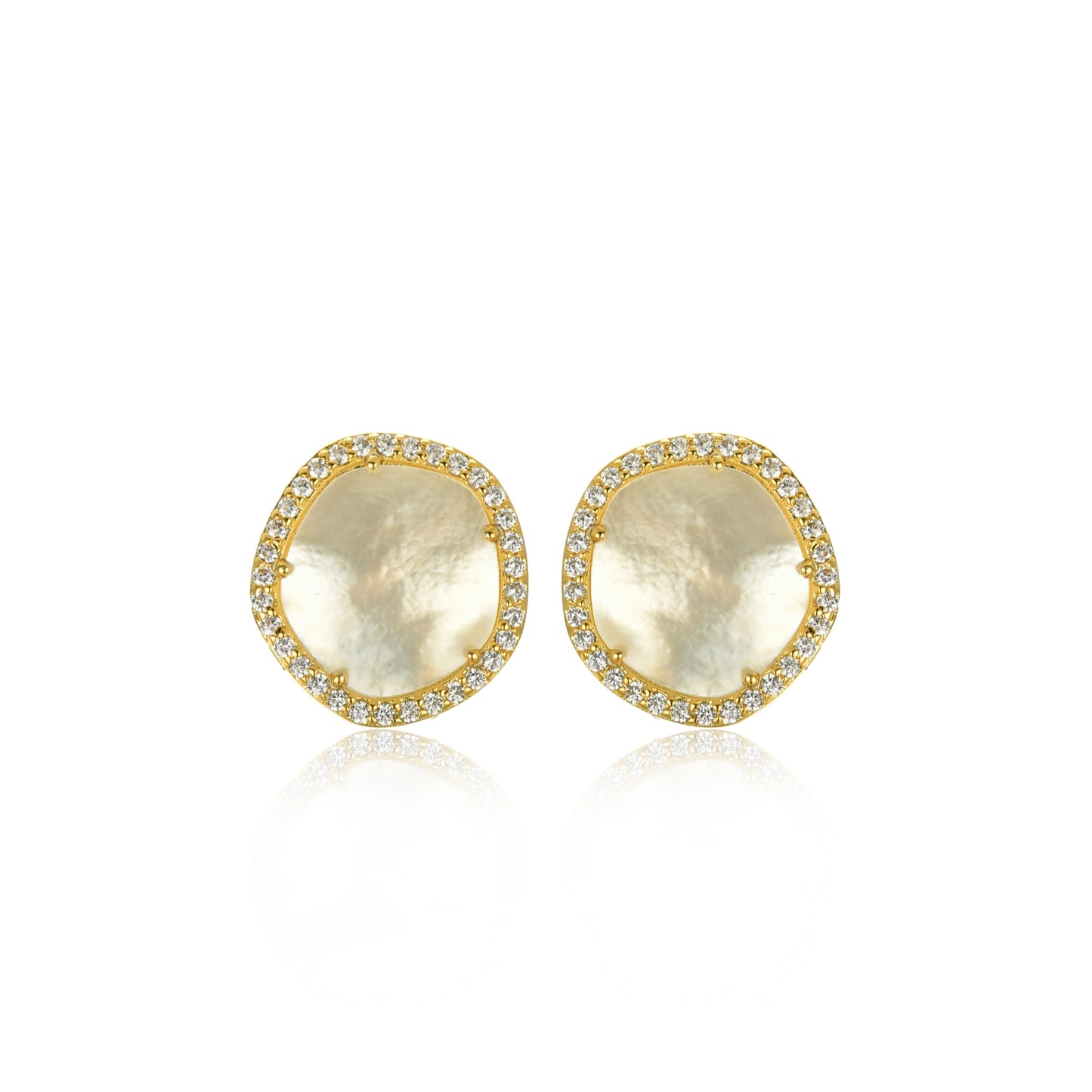 Gold-Plated Surgical Steel CZ Border With Mother of Pearl Natural Shape Stud Earrings