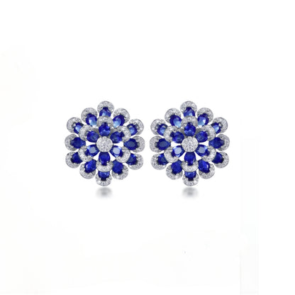 Rhodium Plated Sterling Silver Colorful Multi-Petal Flower and Micropave Stud Earrings