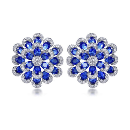 Rhodium Plated Sterling Silver Colorful Multi-Petal Flower and Micropave Stud Earrings