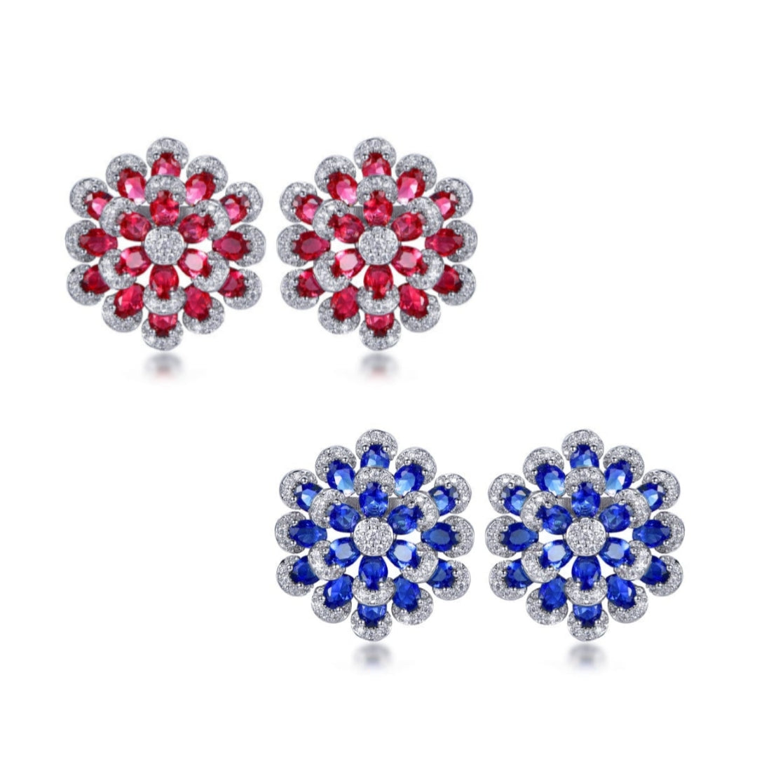 Rhodium Plated Sterling Silver Colorful Multi-Petal Flower and Micropave Stud Earrings