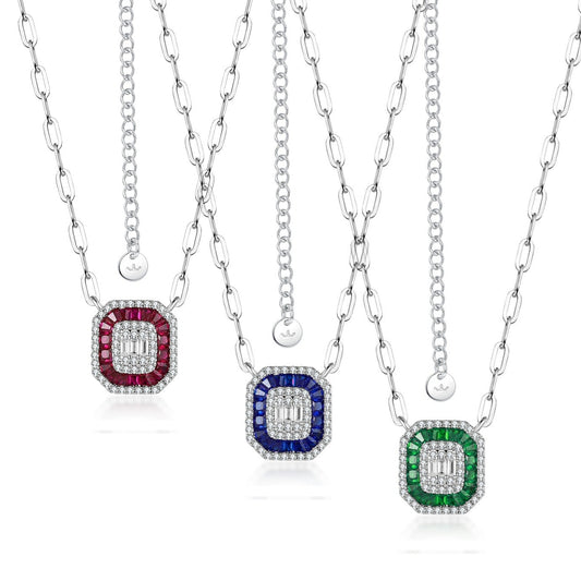 Rhodium Plated Sterling Silver Colored Baguette Emerald Cut Necklace