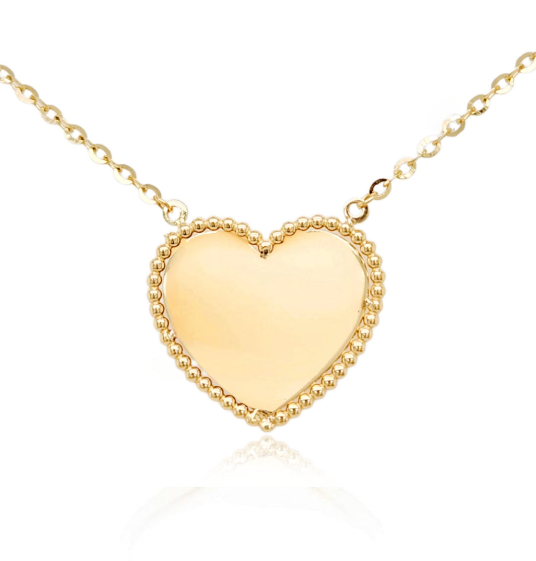 14K Gold Heart Necklace with Beaded Border