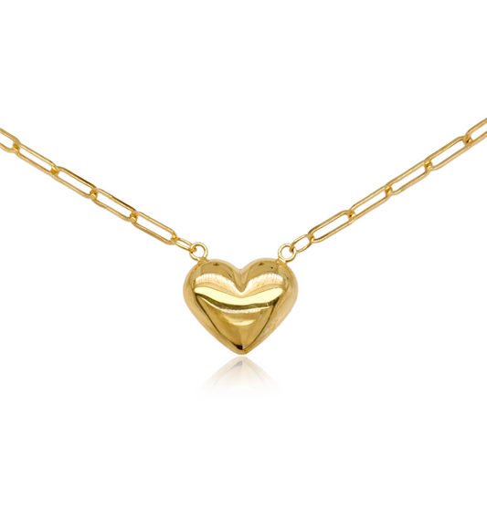 14K Gold Puffy Heart on Paperclip Chain Necklace