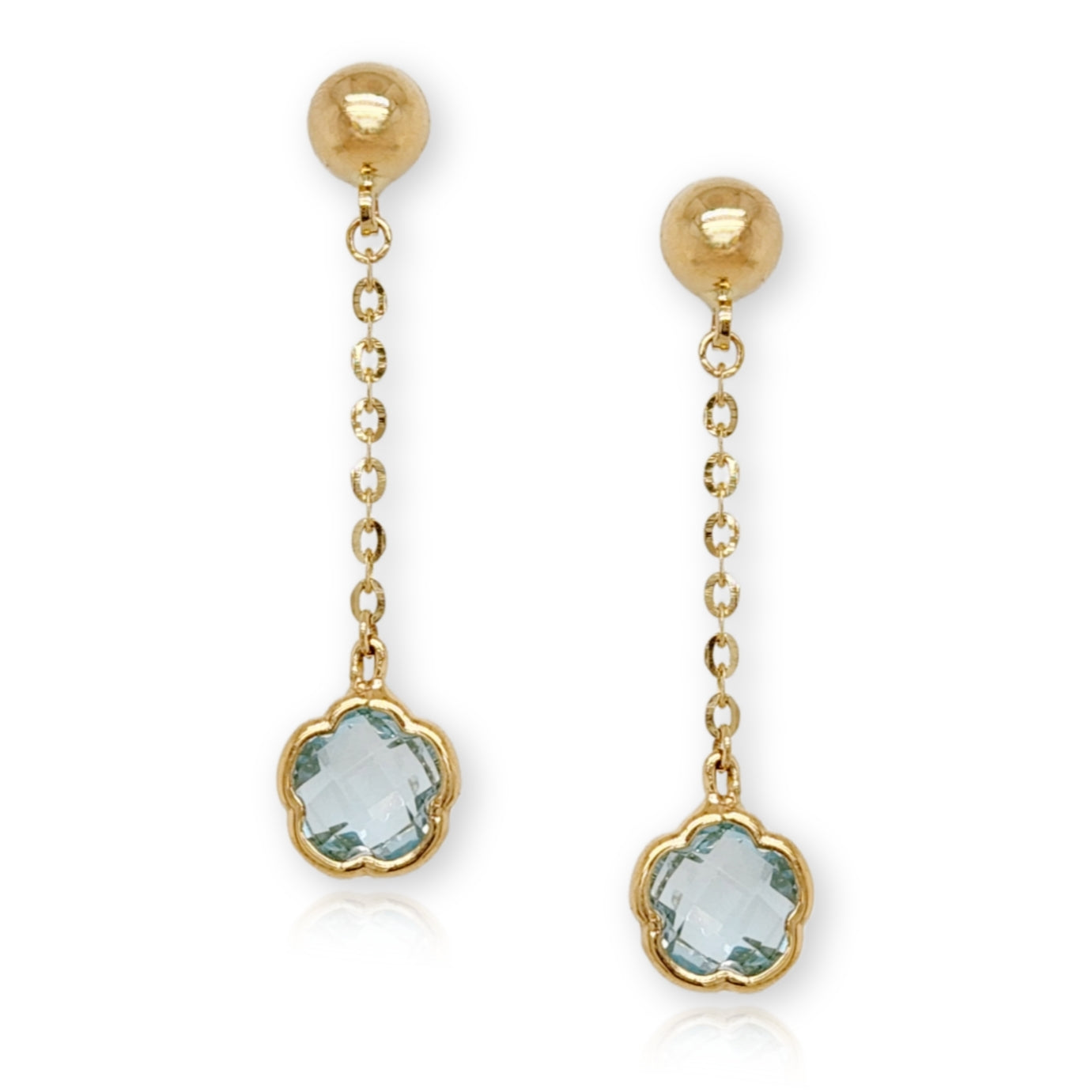 14k Gold Ball with Blue Topaz Flower Dangle Earrings