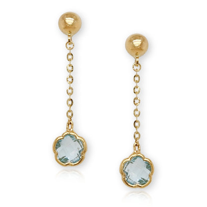 14k Gold Ball with Blue Topaz Flower Dangle Earrings