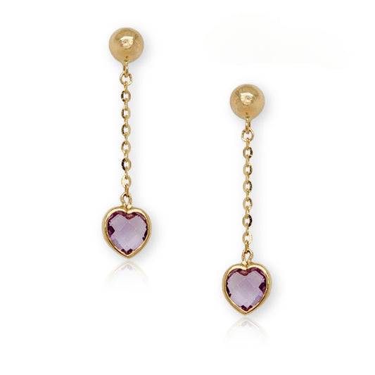 14k Gold Ball with Purple Amethyst Heart Dangle Earrings