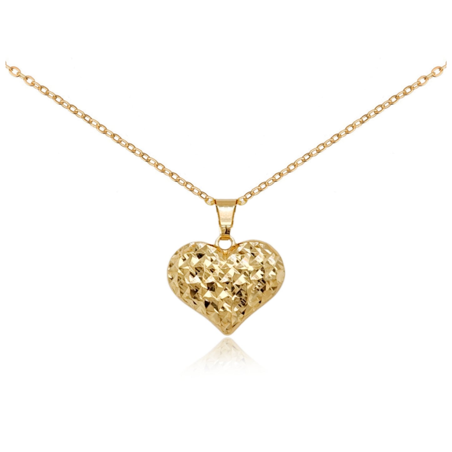 14k Gold Puffy Diamond Cut Small Heart Pendant Necklace
