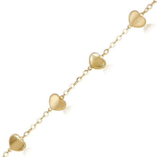 14k Alternating Brushed and Shiny Gold Hearts Bracelet