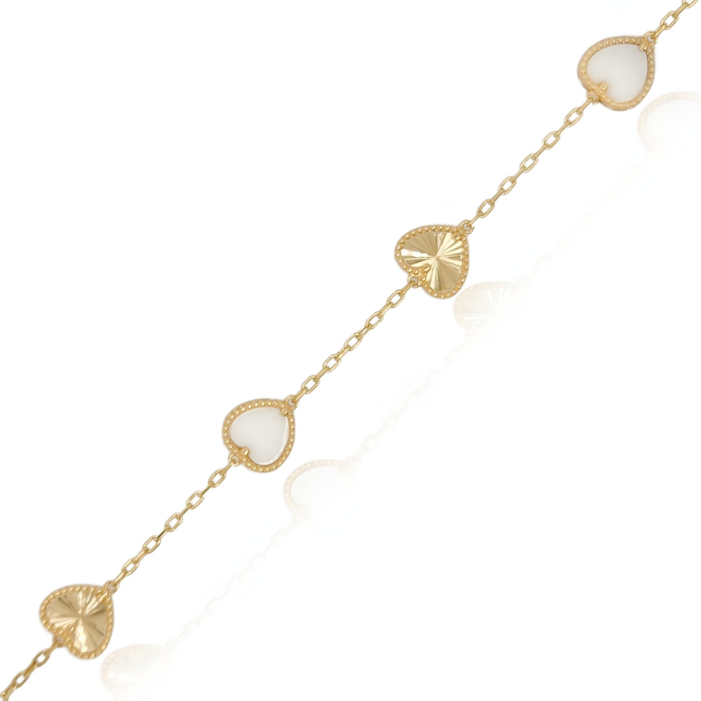 14k Gold Alternating Mother of Pearl and Gold Heart Bracelet