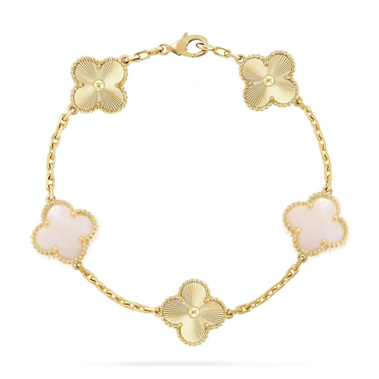 14k Gold Alternating Pink Mother of Pearl and Sunburst Gold with Beaded Border Clover Bracelet