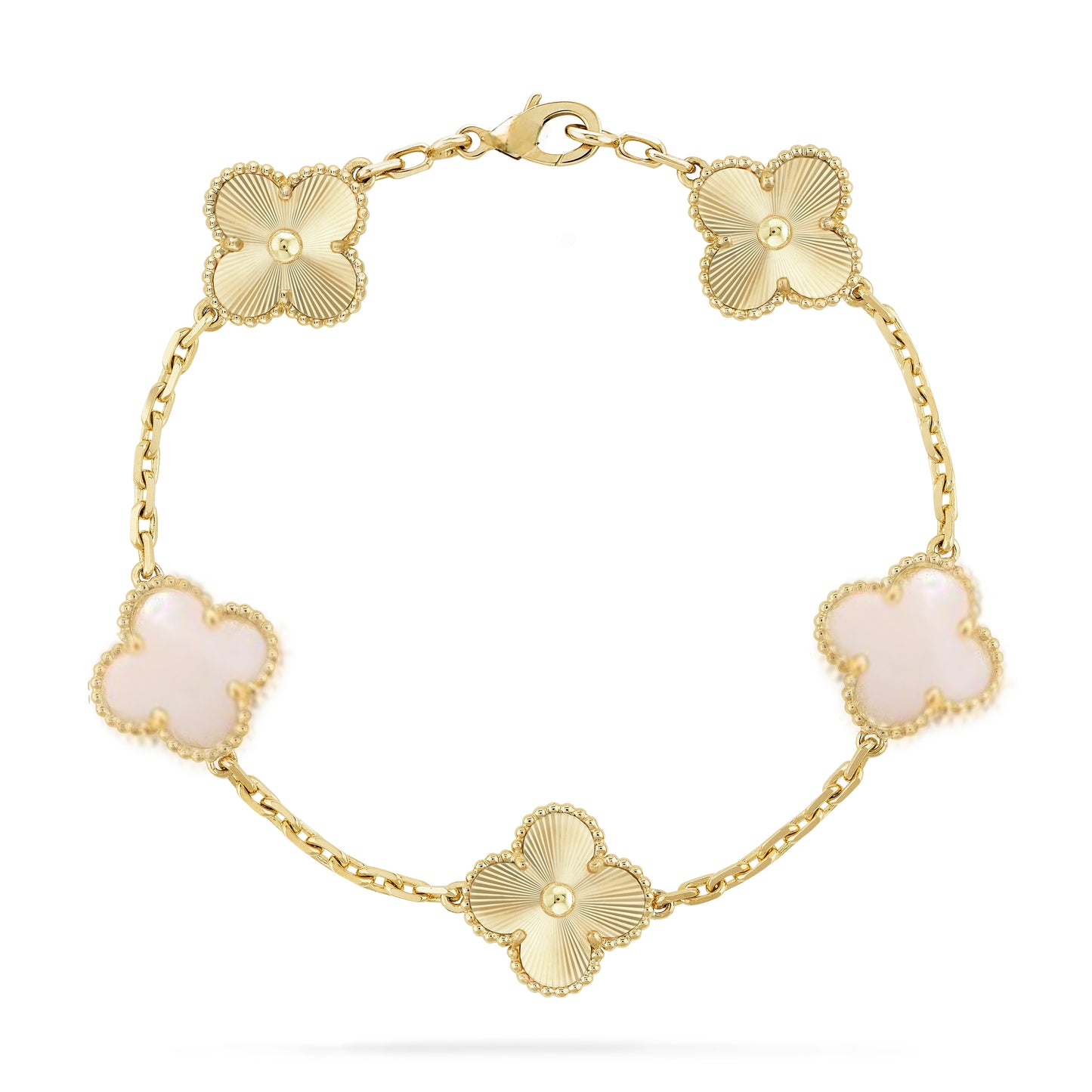 14k Gold Alternating Pink Mother of Pearl and Sunburst Gold with Beaded Border Clover Bracelet