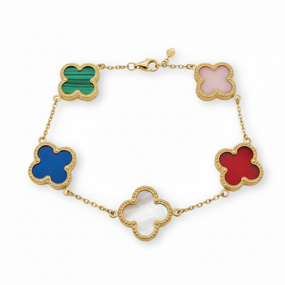 14k Gold Colored With Beaded Border Clover Bracelet