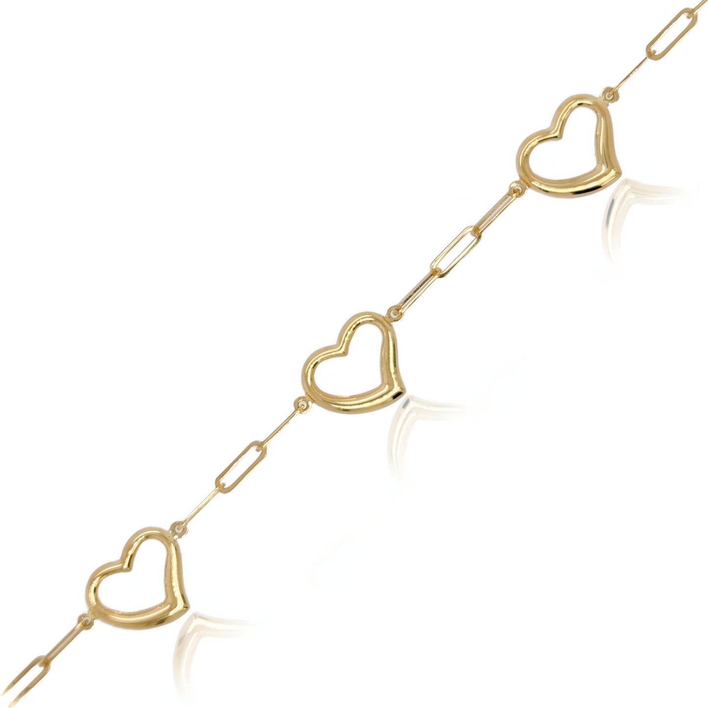 14k Gold Paperclip with Open Hearts Bracelet