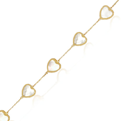 14k Gold Mother of Pearl Hearts With Beaded Border Bracelet