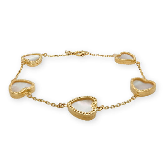 14k Gold Mother of Pearl Hearts With Beaded Border Bracelet