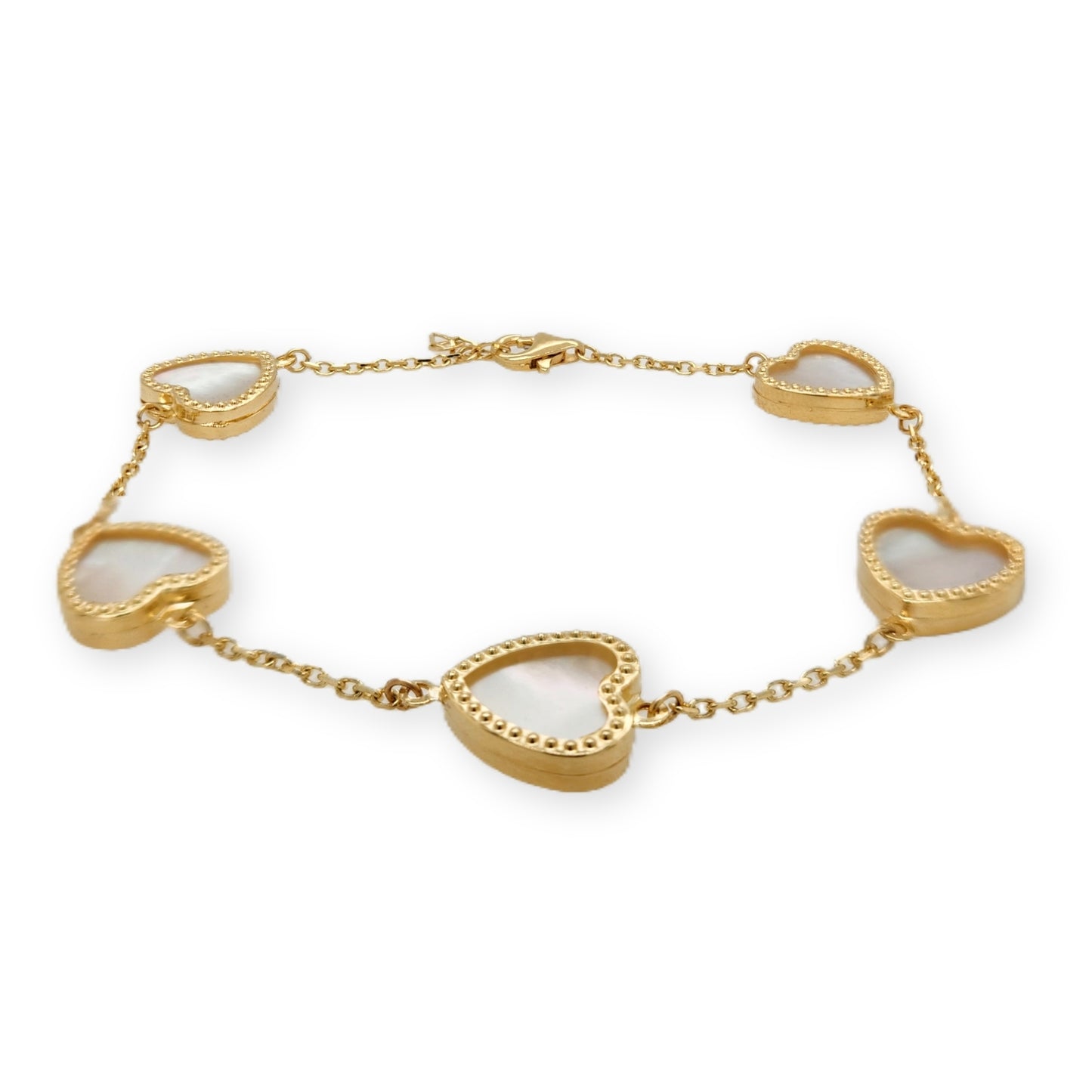 14k Gold Mother of Pearl Hearts With Beaded Border Bracelet