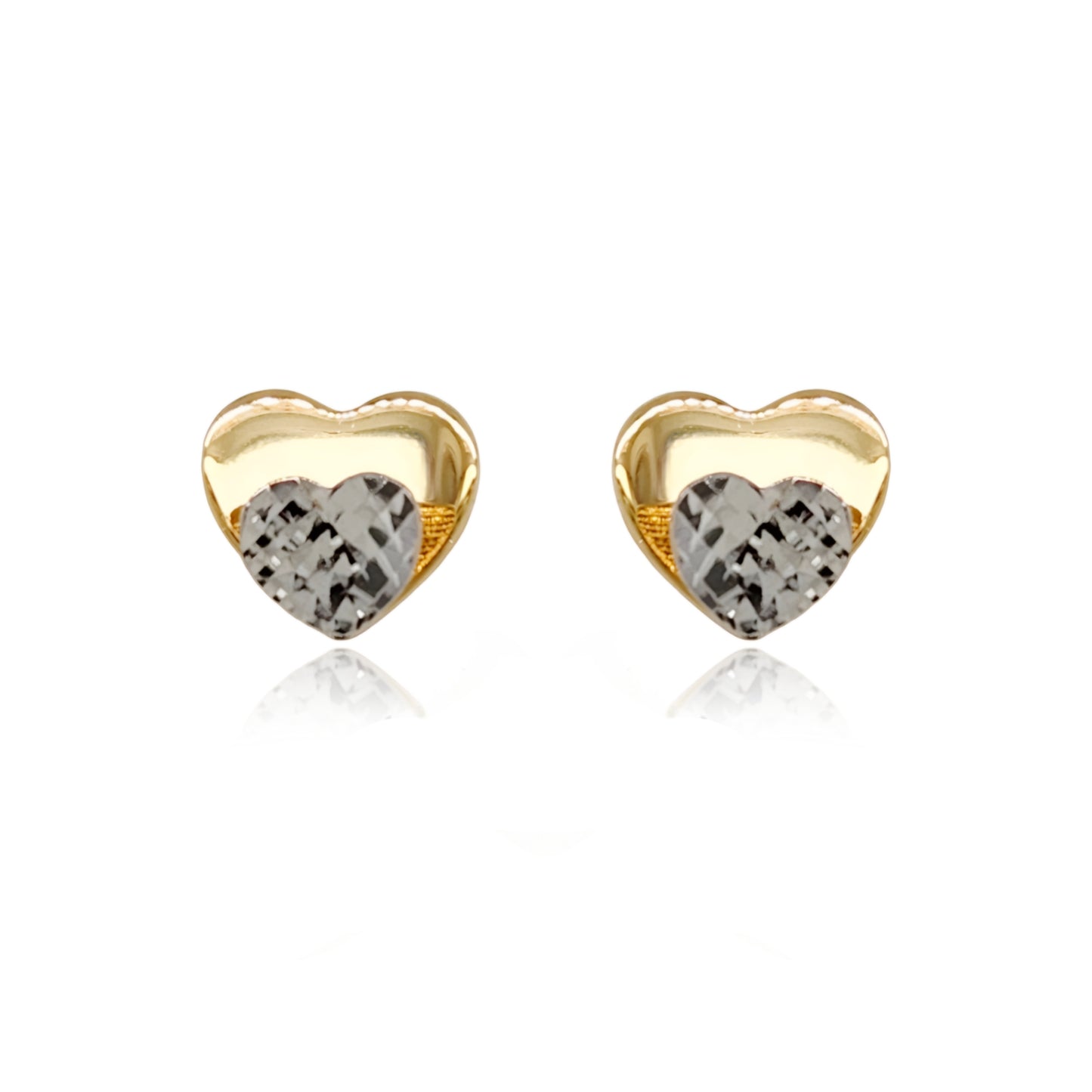 14k Gold Diamond Cut Diamond Cut Rhodium Heart on Shiny Gold Heart Stud Earrings