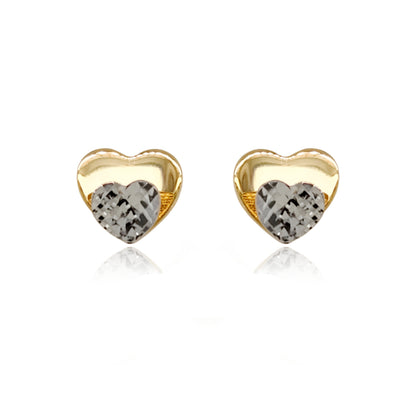 14k Gold Diamond Cut Diamond Cut Rhodium Heart on Shiny Gold Heart Stud Earrings