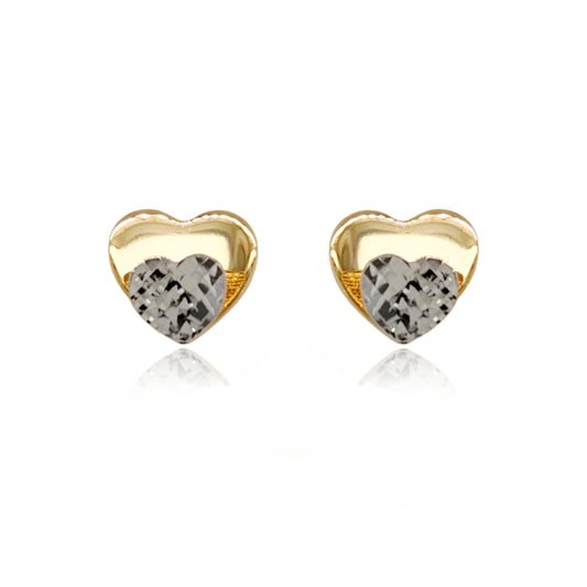 14k Gold Diamond Cut Diamond Cut Rhodium Heart on Shiny Gold Heart Stud Earrings