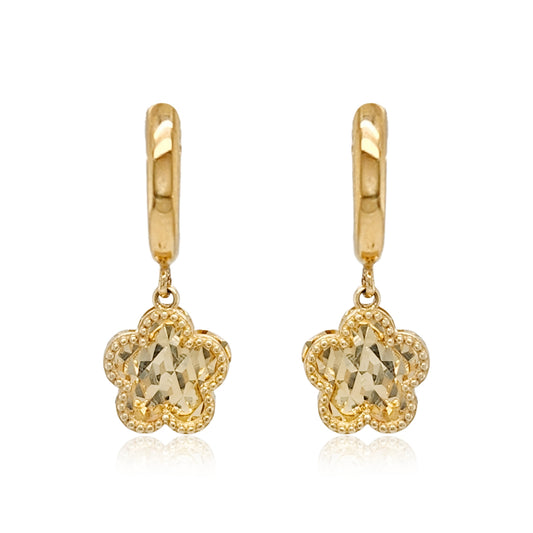 14k Gold Diamond Cut Flower Hoop Earring