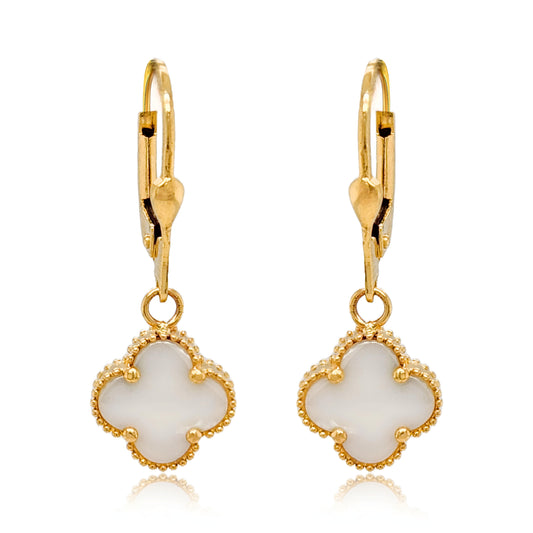 14K Gold Mother of Pearl Clover on Leverback Earring