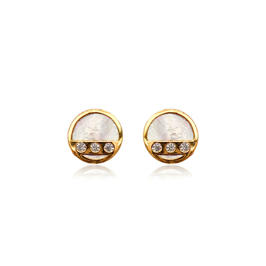 14k Gold Mother Of Pearl Circle with CZ Stud Earrings