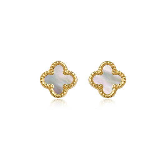 14k Gold Mother of Pearl Clover Stud Earrings with Beaded Border