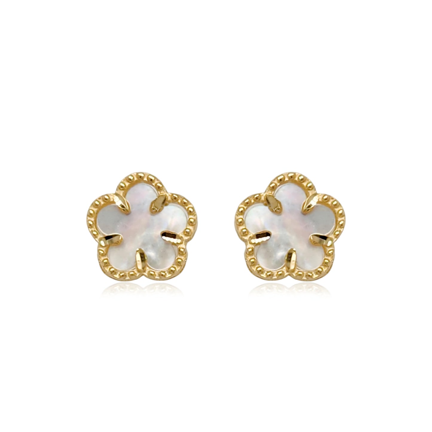 14k Gold Mother of Pearl Flower Stud Earrings with Beaded Border