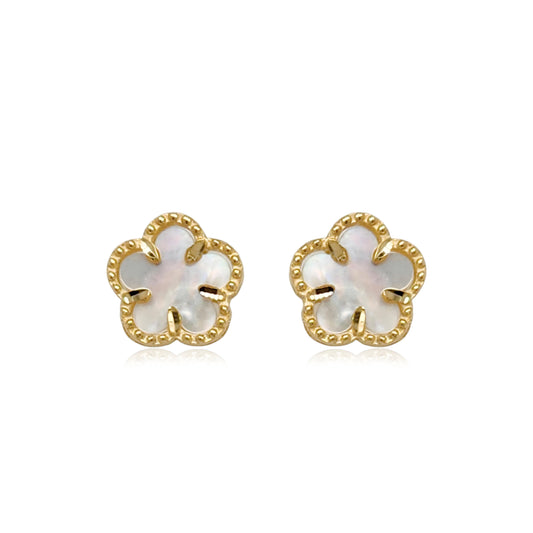 14k Gold Mother of Pearl Flower Stud Earrings with Beaded Border