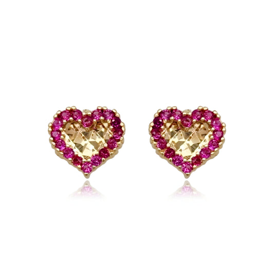 14k Hammered Gold with CZ Border Heart Stud Earrings