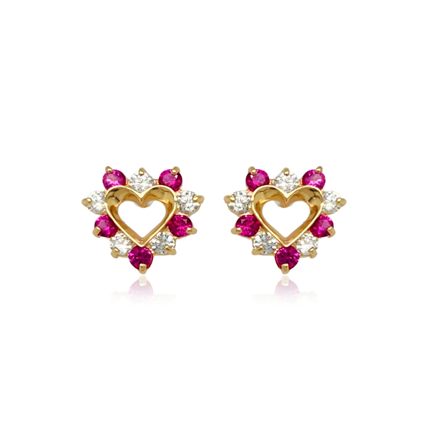 14k Gold Ruby Color CZ Heart Stud Earrings