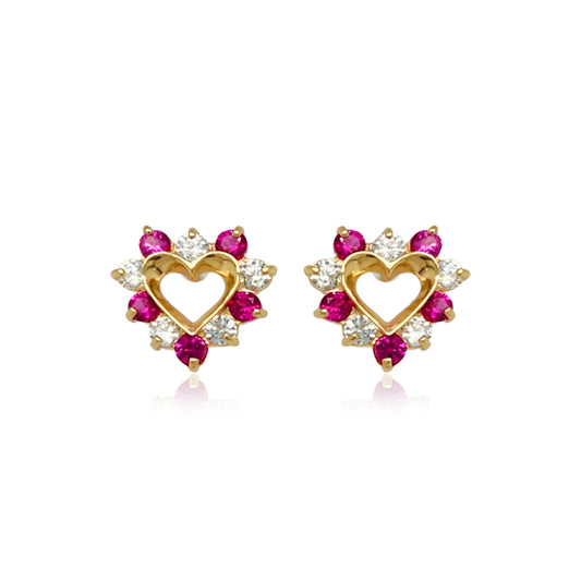 14k Gold Ruby Color CZ Heart Stud Earrings