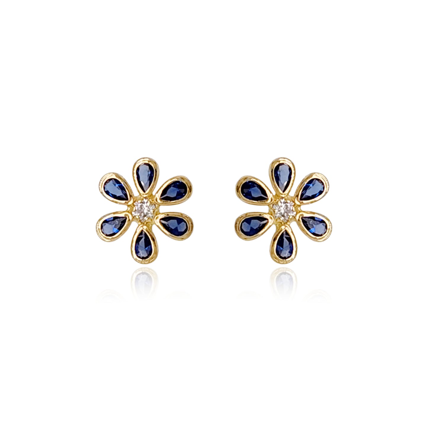 14k Gold Sapphire CZ Flower Stud Earrings