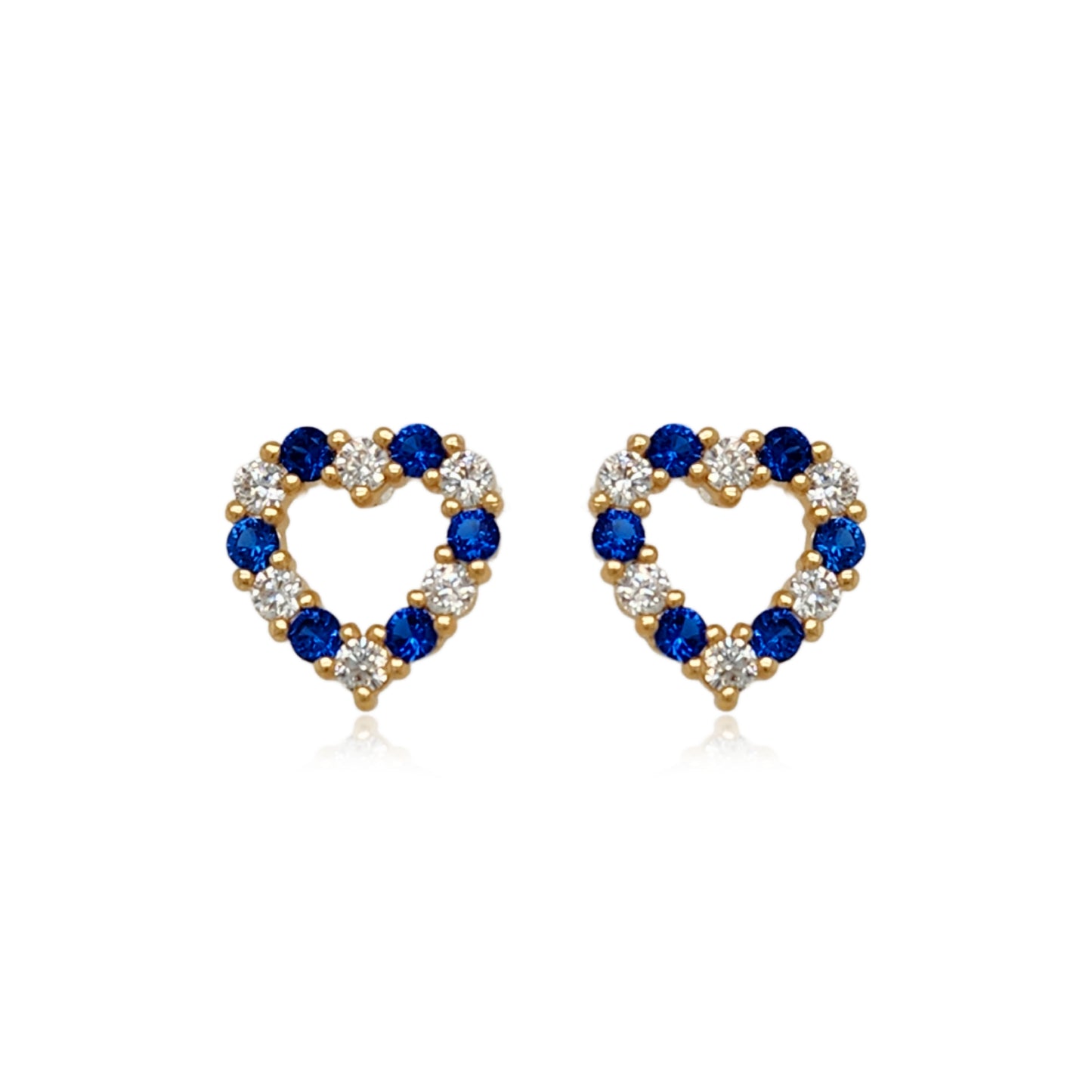 14k Gold Sapphire and Clear CZ Heart Stud Earrings