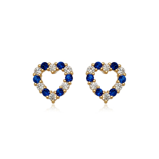 14k Gold Sapphire and Clear CZ Heart Stud Earrings