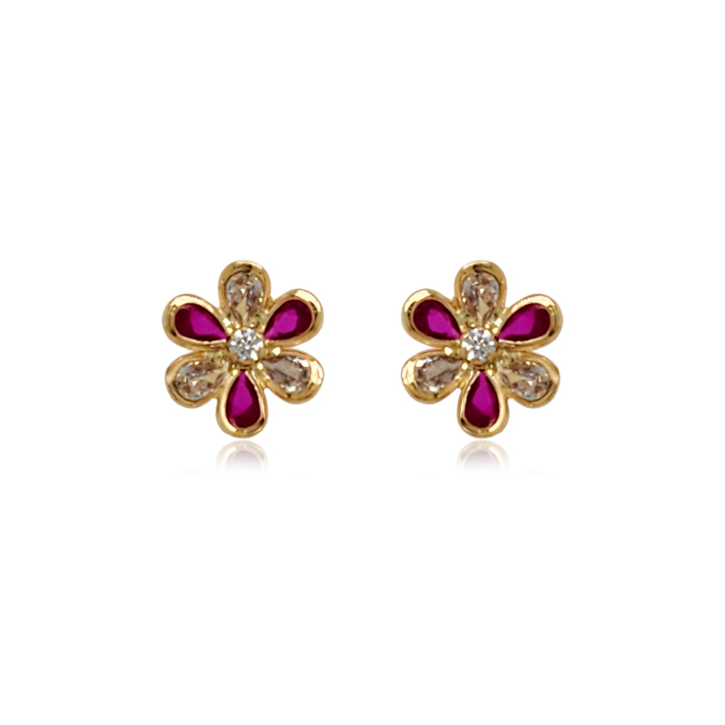 14k Gold Ruby and Clear CZ Flower Stud Earrings