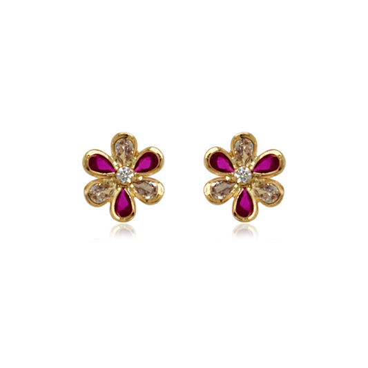 14k Gold Ruby and Clear CZ Flower Stud Earrings