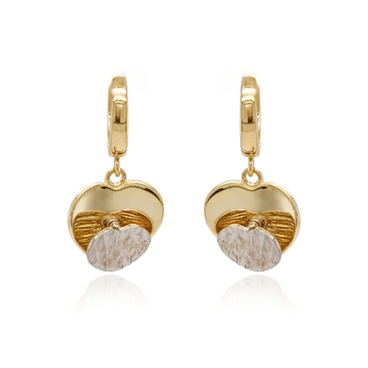 14k Gold Diamond Cut Diamond Cut Rhodium Heart on Shiny Gold Heart Hoop Earring