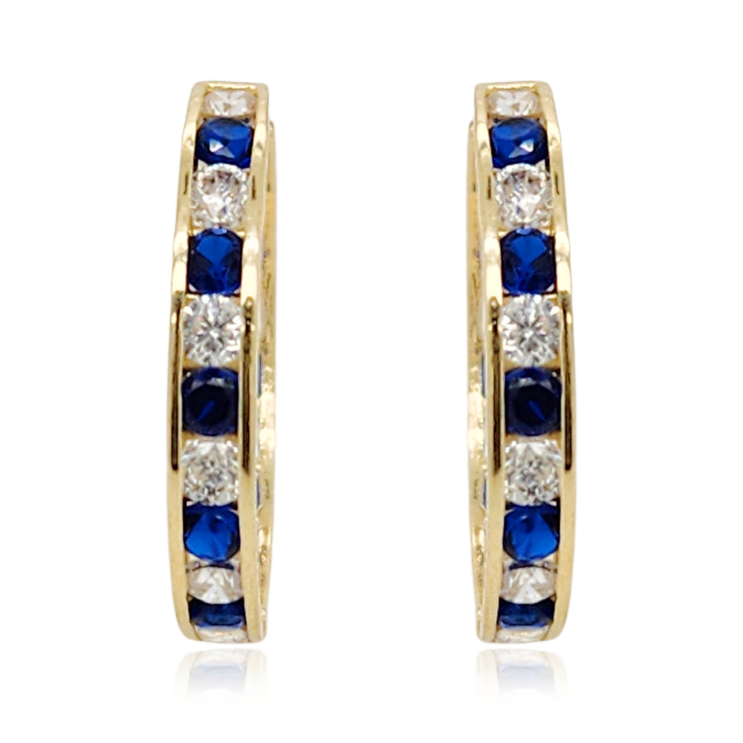 14k Gold Round Sapphire and Clear CZ Hoop Earrings