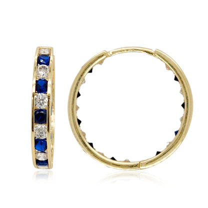14k Gold Round Sapphire and Clear CZ Hoop Earrings