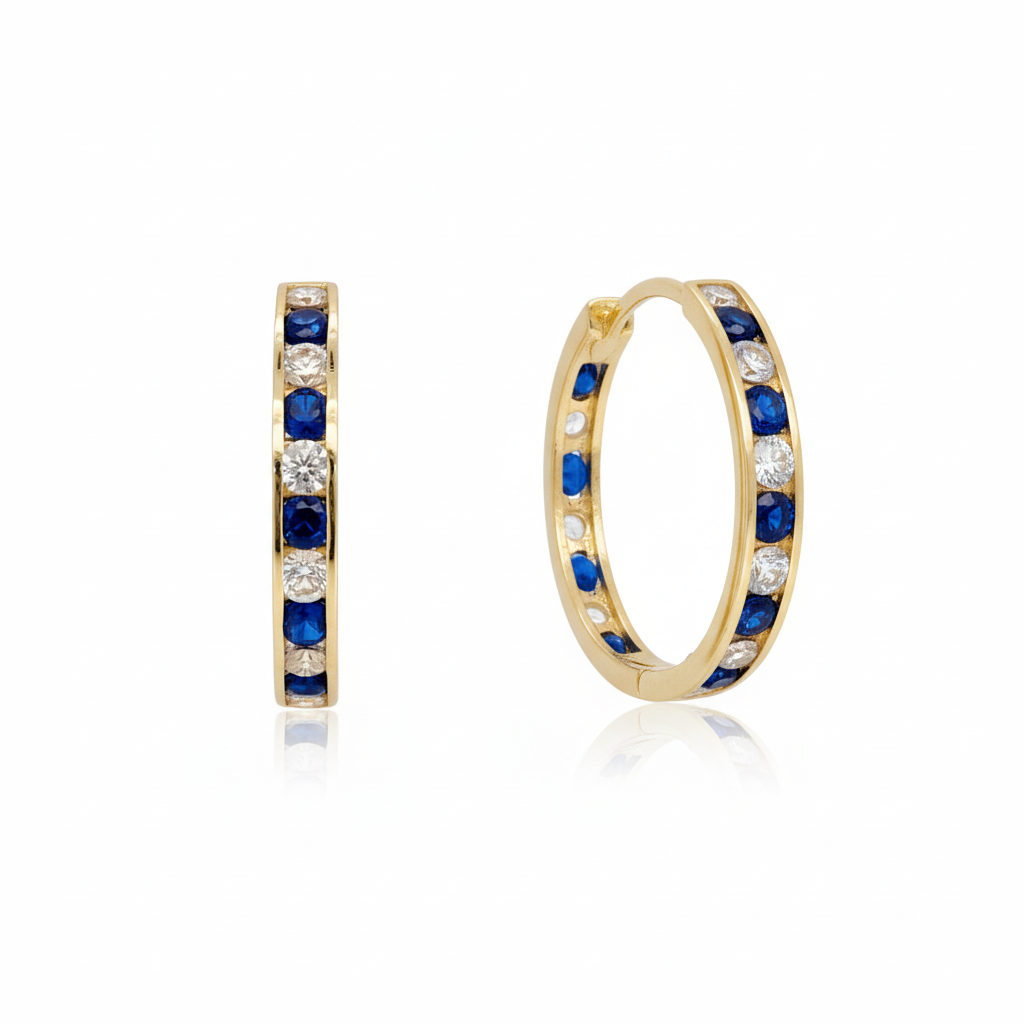 14k Gold Round Sapphire and Clear CZ Hoop Earrings