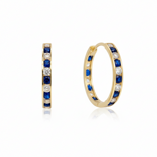 14k Gold Round Sapphire and Clear CZ Hoop Earrings