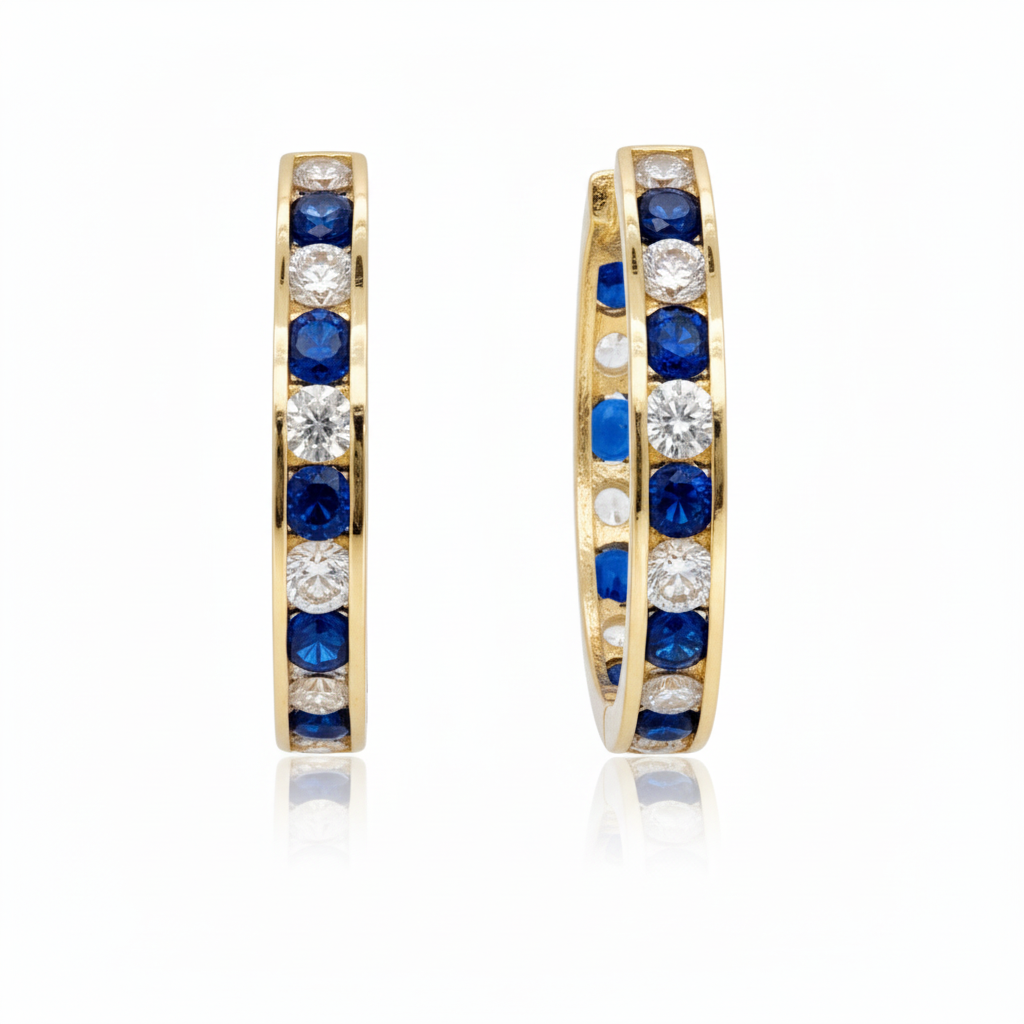 14k Gold Round Sapphire and Clear CZ Hoop Earrings
