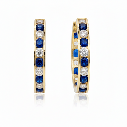 14k Gold Round Sapphire and Clear CZ Hoop Earrings