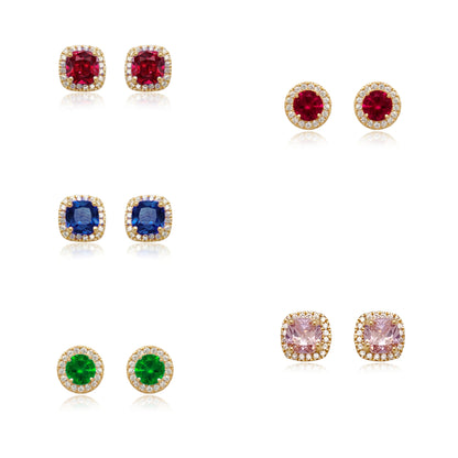 14k Gold Micropave Border with Color CZ Center Stud Earrings