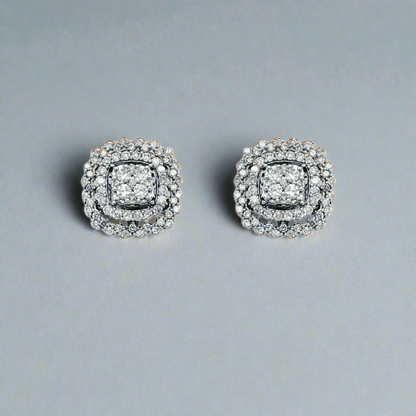 10K Gold And Diamond 3-Tier Cushion Stud Earrings